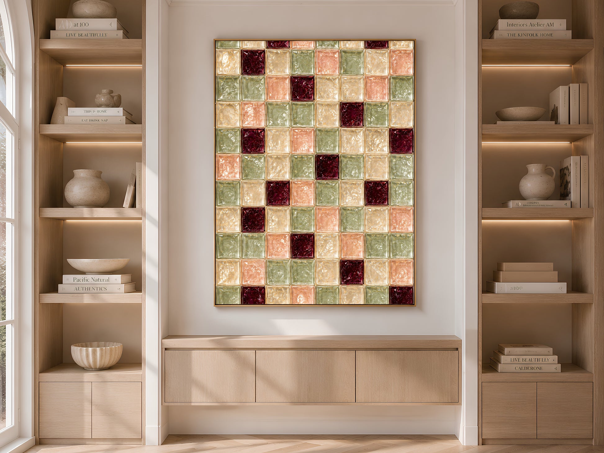 Sage and peach checkerboard print framed on built-in shelving with books and decor