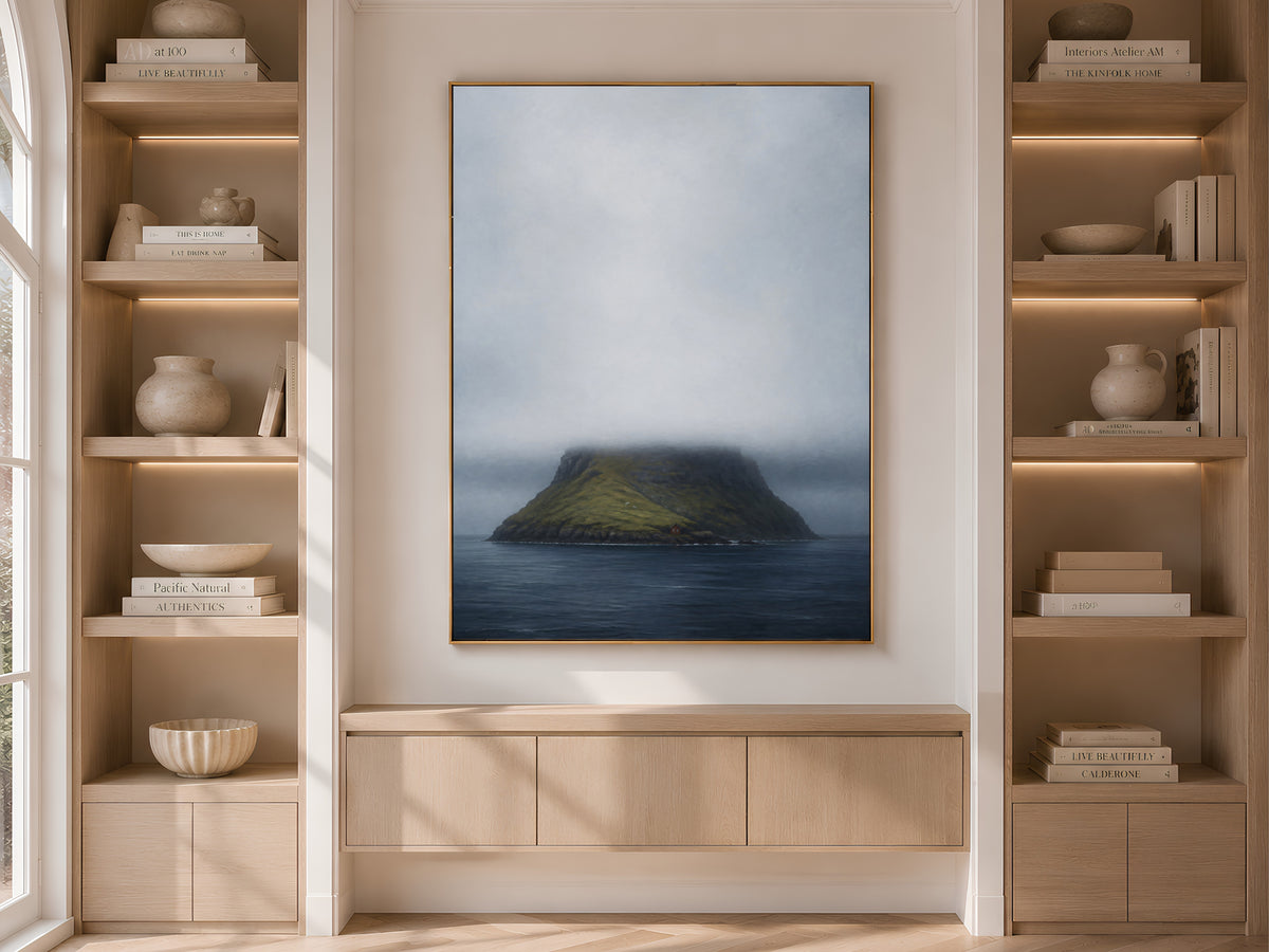 Faroe Islands wall art framed print in living room with bookshelf storage