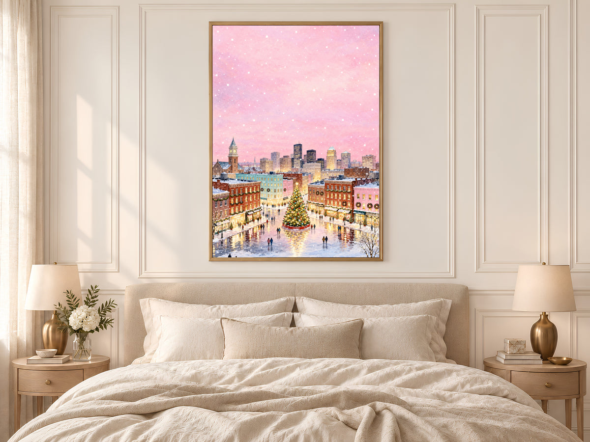 Pink Christmas Town Painting, Snowy City Christmas Tree Print, Pastel Winter Skyline Wall Art, Holiday Decor, Printable Digital Download