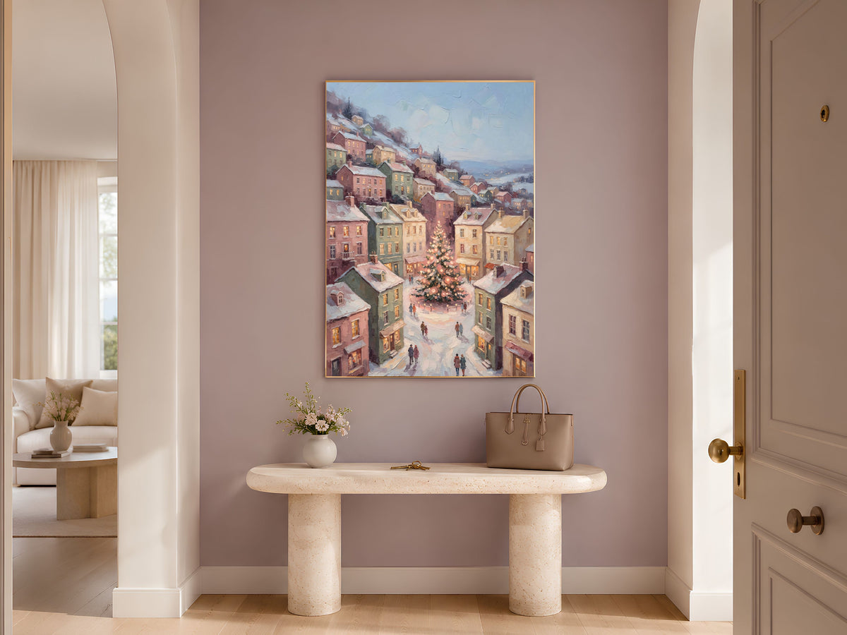Scandinavian Christmas Wall Art, Pastel Town Square Print - Digital Download