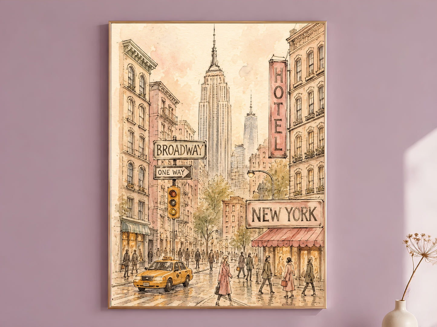 New York street scene watercolor sketch framed print on mauve wall, Broadway and Empire State Building wall art
