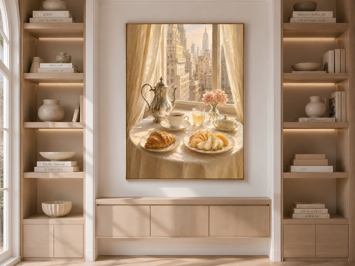 Breakfast Still Life Wall Art, Old Money Aesthetic Print, NYC Skyline Painting - Digital Download