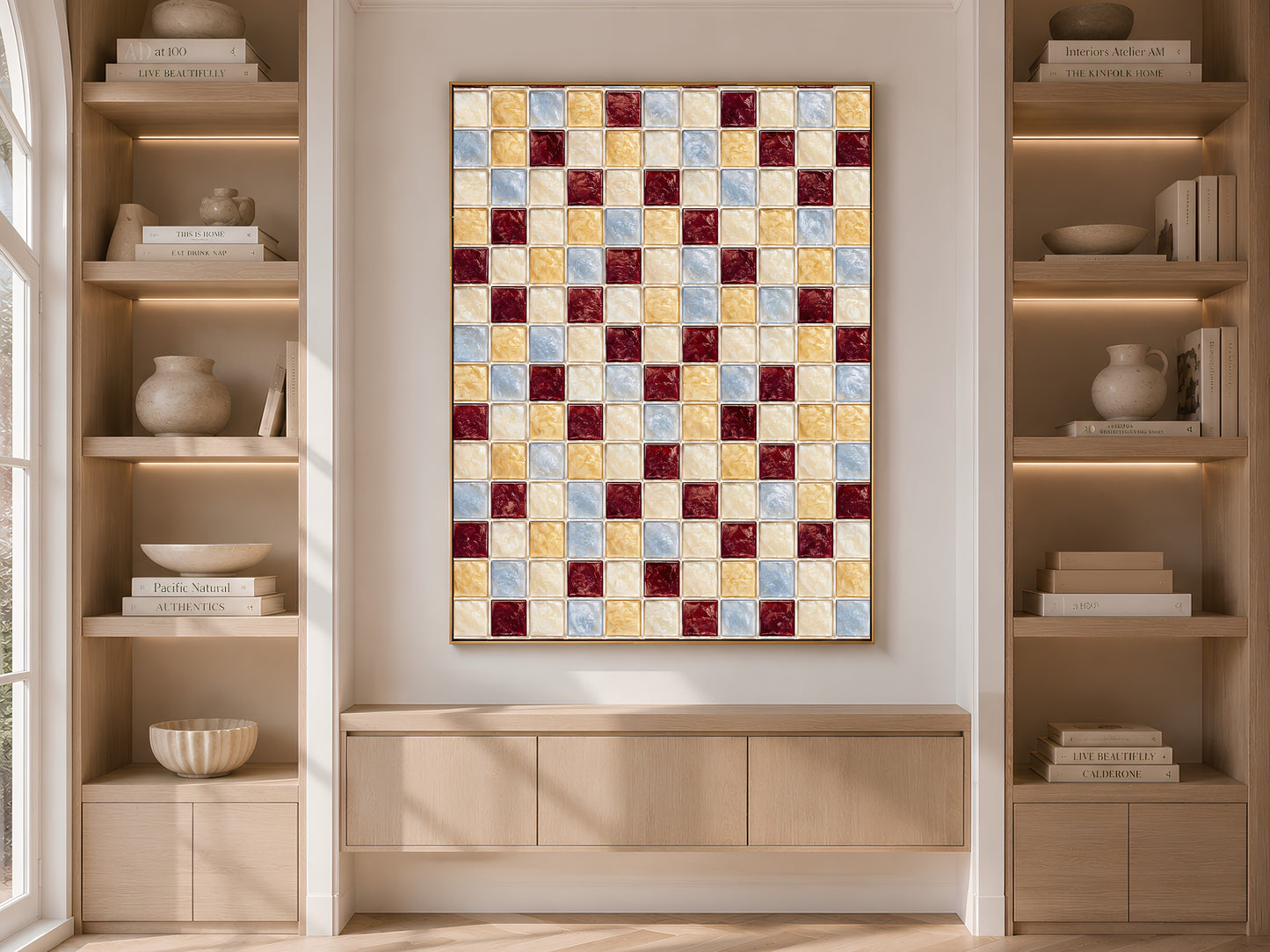 Burgundy gold blue mosaic wall art print displayed above a built-in cabinet between wooden bookshelves