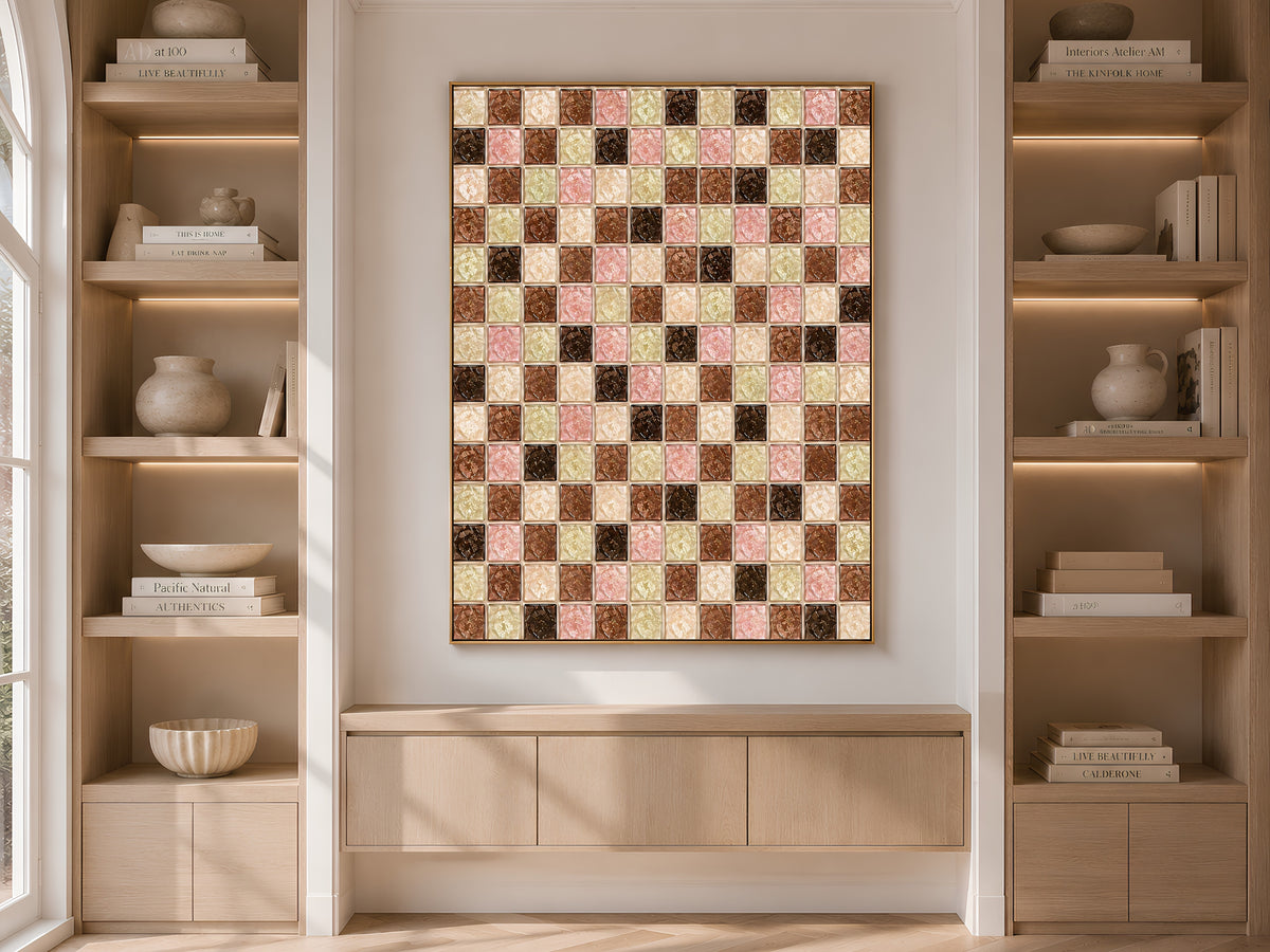 Chocolate sage mosaic wall art framed on a built-in bookshelf with books and decor