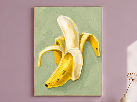 Banana still life print in gold frame on mauve wall, butter yellow impasto oil painting digital download