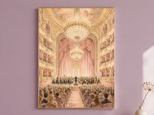 Opera house wall art watercolor print on mauve wall, grandmillennial concert hall illustration