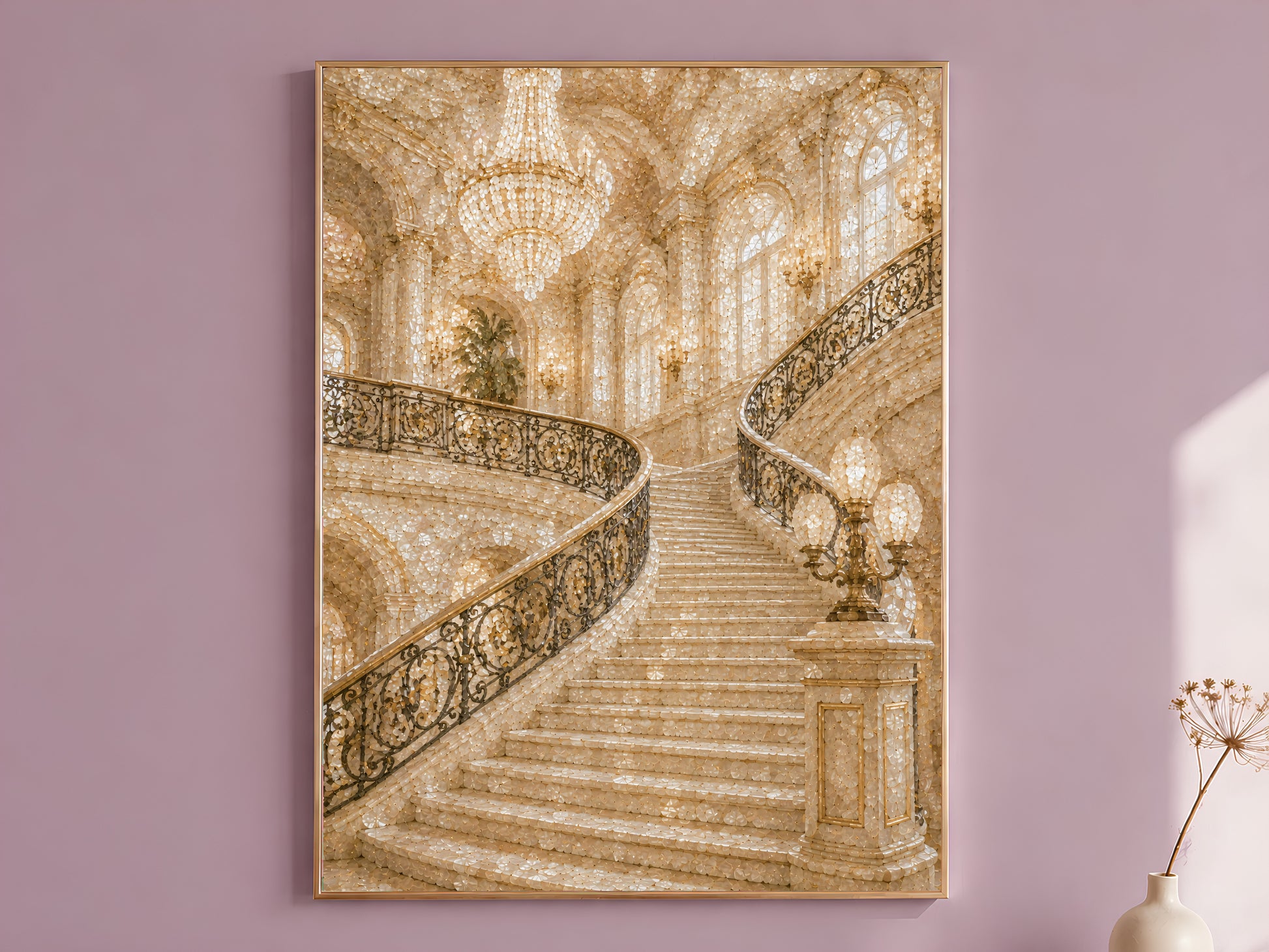 Grand staircase palace wall art print in ivory and gold hanging in dusty mauve room
