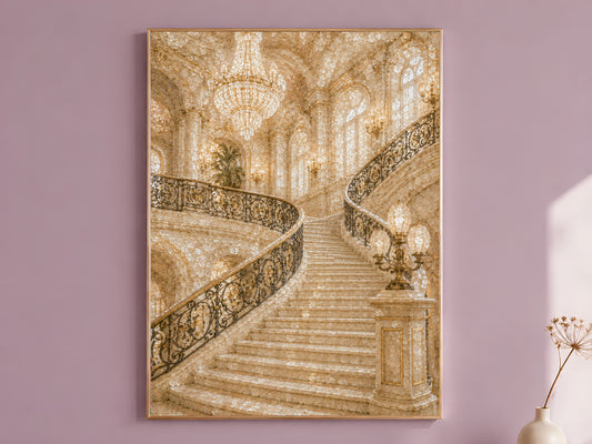 Grand staircase palace wall art print in ivory and gold hanging in dusty mauve room
