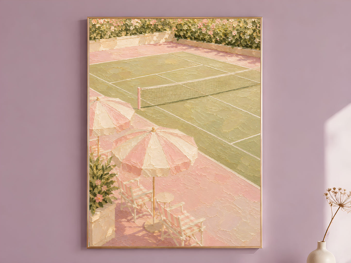 Pink tennis court wall art print in gold frame on mauve wall, preppy impasto painting
