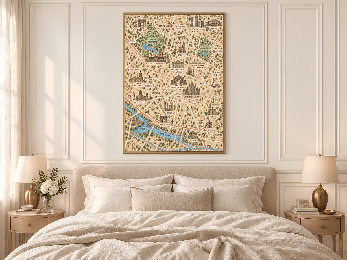 Milan Map Wall Art, Illustrated City Map Print - Digital Download