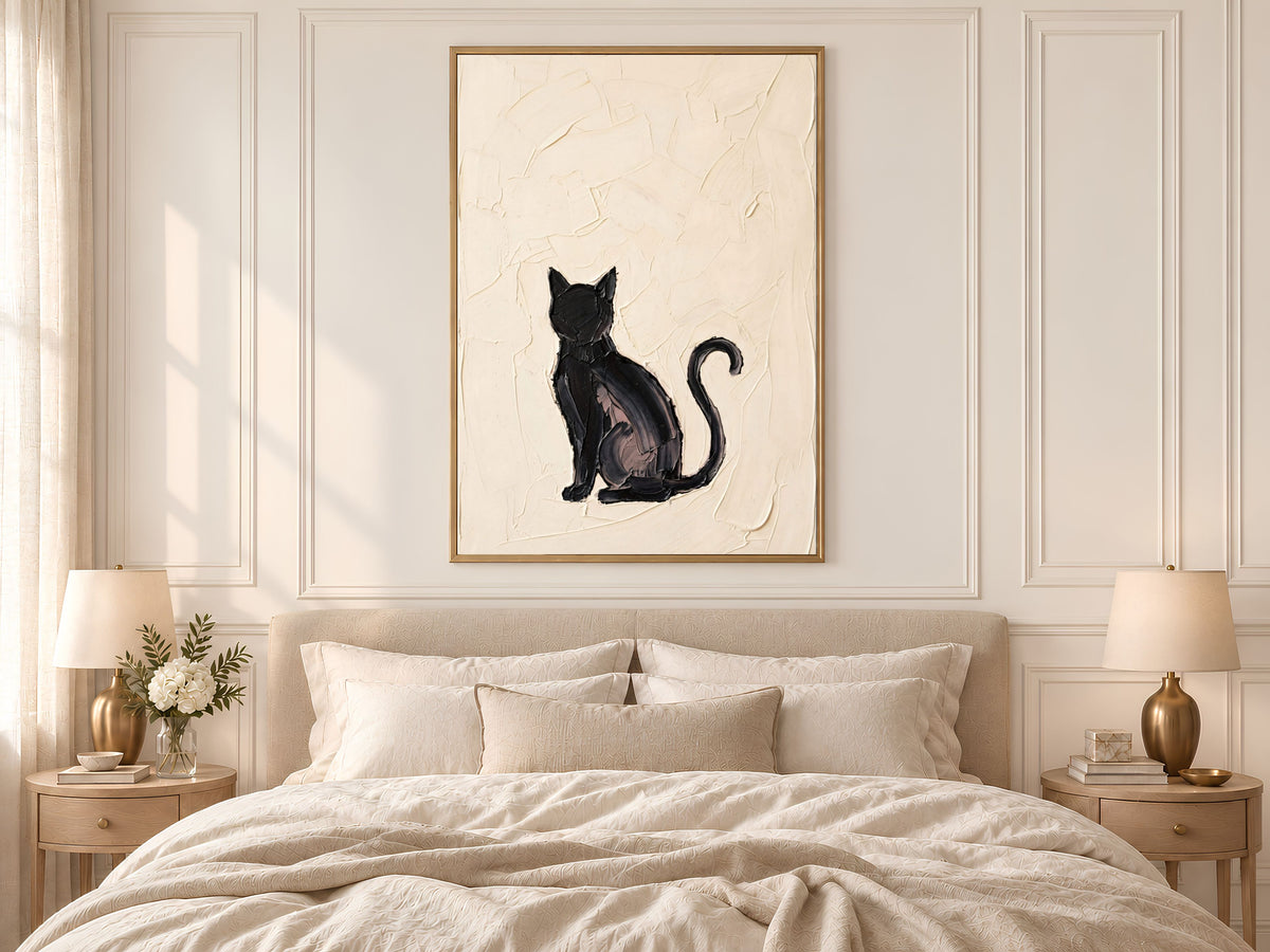 Minimalist Black Cat Wall Art, Impasto Oil Painting Print - Digital Download