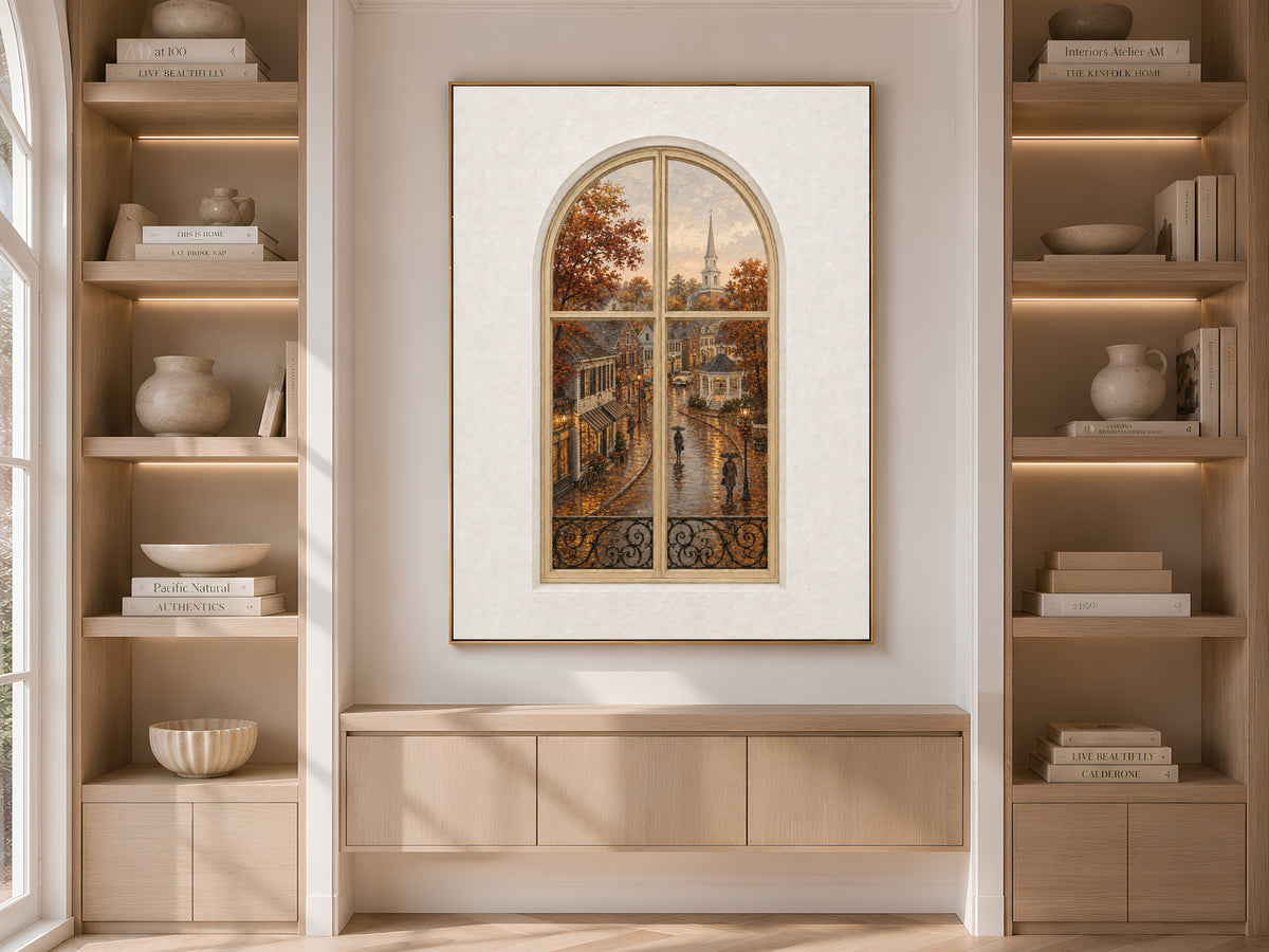 Autumn Village Window Wall Art, Rainy Main Street Church Print - Digital Download
