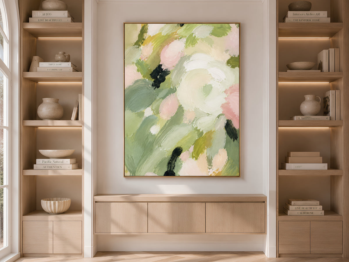 Sage Green Abstract Floral Painting, Blush Pink Botanical Wall Art - Digital Download