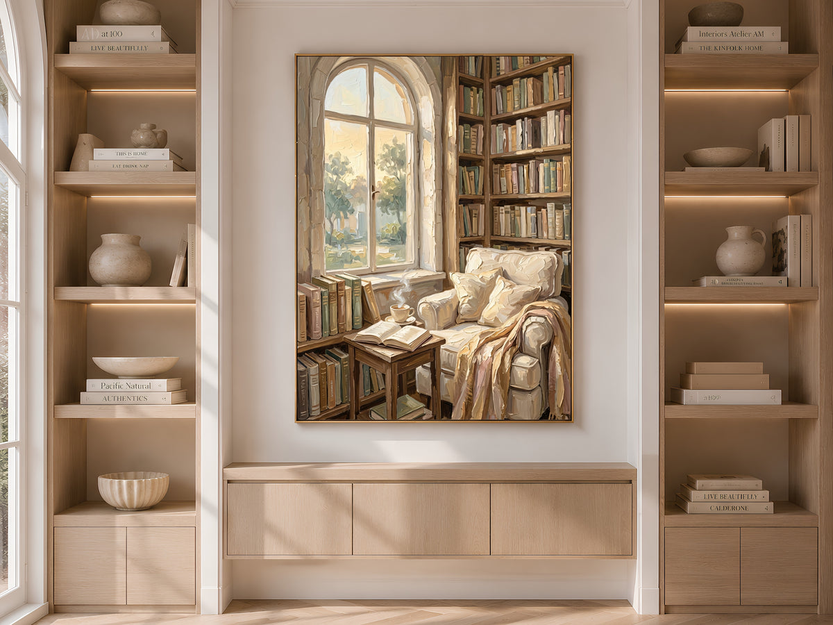 Cozy Library Nook Print, Reading Nook Wall Art - Digital Download
