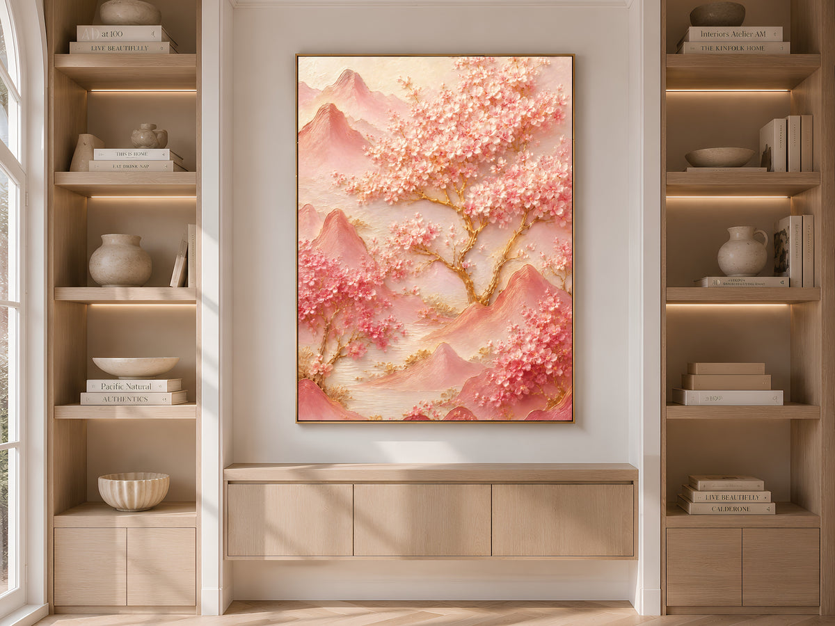 Gold-framed cherry blossom mountain art displayed on a console table between built-in bookshelves