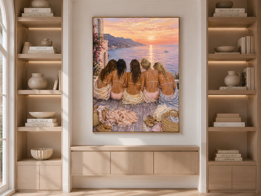 Girls trip Amalfi Coast print framed and displayed in built-in wood shelving with books
