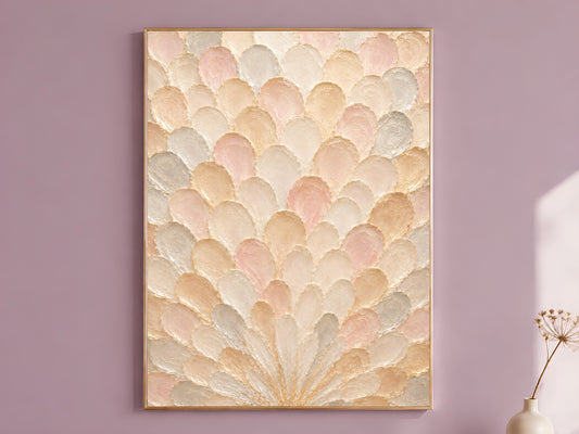 Blush peach sunburst capiz shell mosaic print in a thin gold frame, hanging on a dusty mauve wall