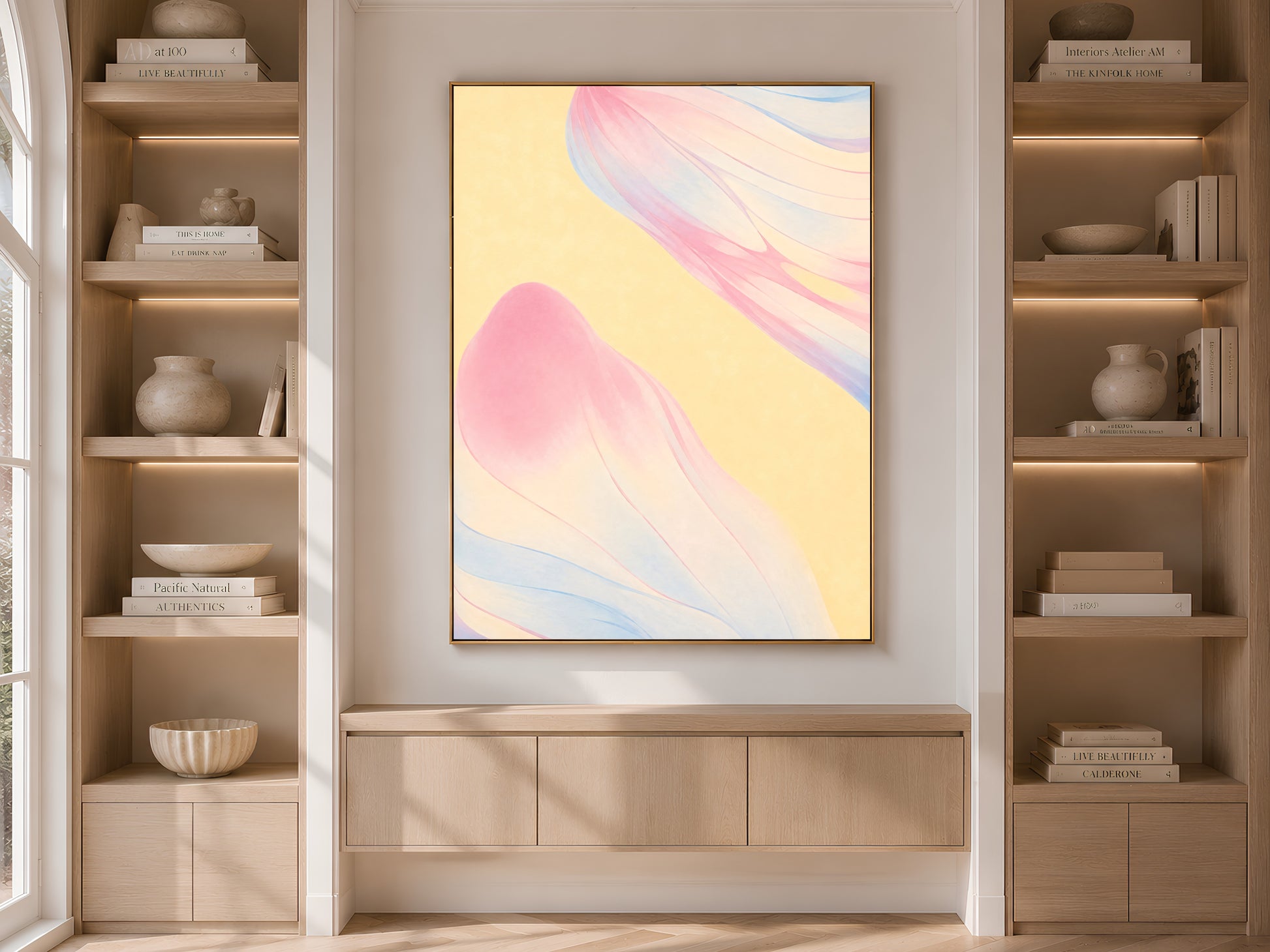Pastel gradient wall art in built-in bookshelf, soft neutral living room decor