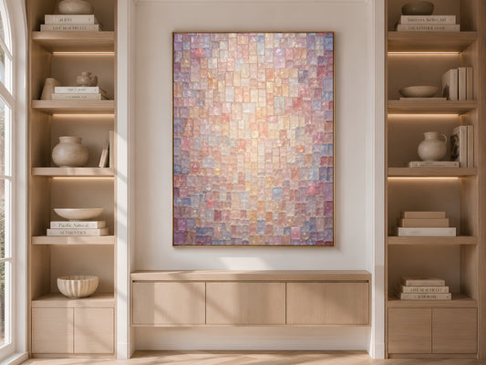 Pastel mosaic Christmas print framed and displayed in built-in wood shelving with books and decor