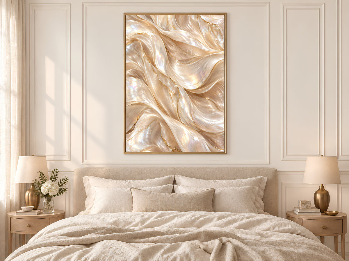 Pearl Abstract Wall Art, Champagne Gold Wave Print, Neutral Iridescent Swirl, Cream Living Room Decor, Above Sofa Poster, Instant Download