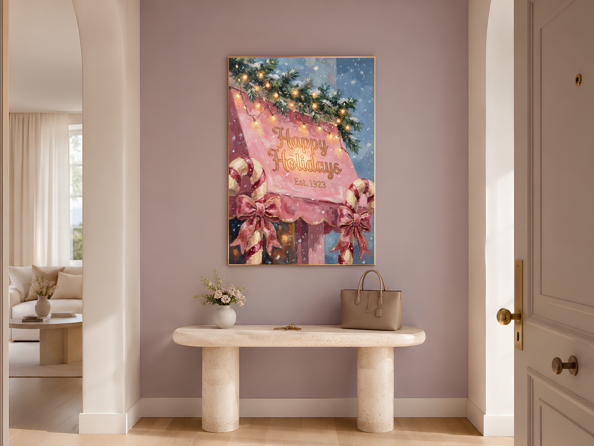 Pink Christmas Wall Art, Vintage Happy Holidays Sign Print - Digital Download