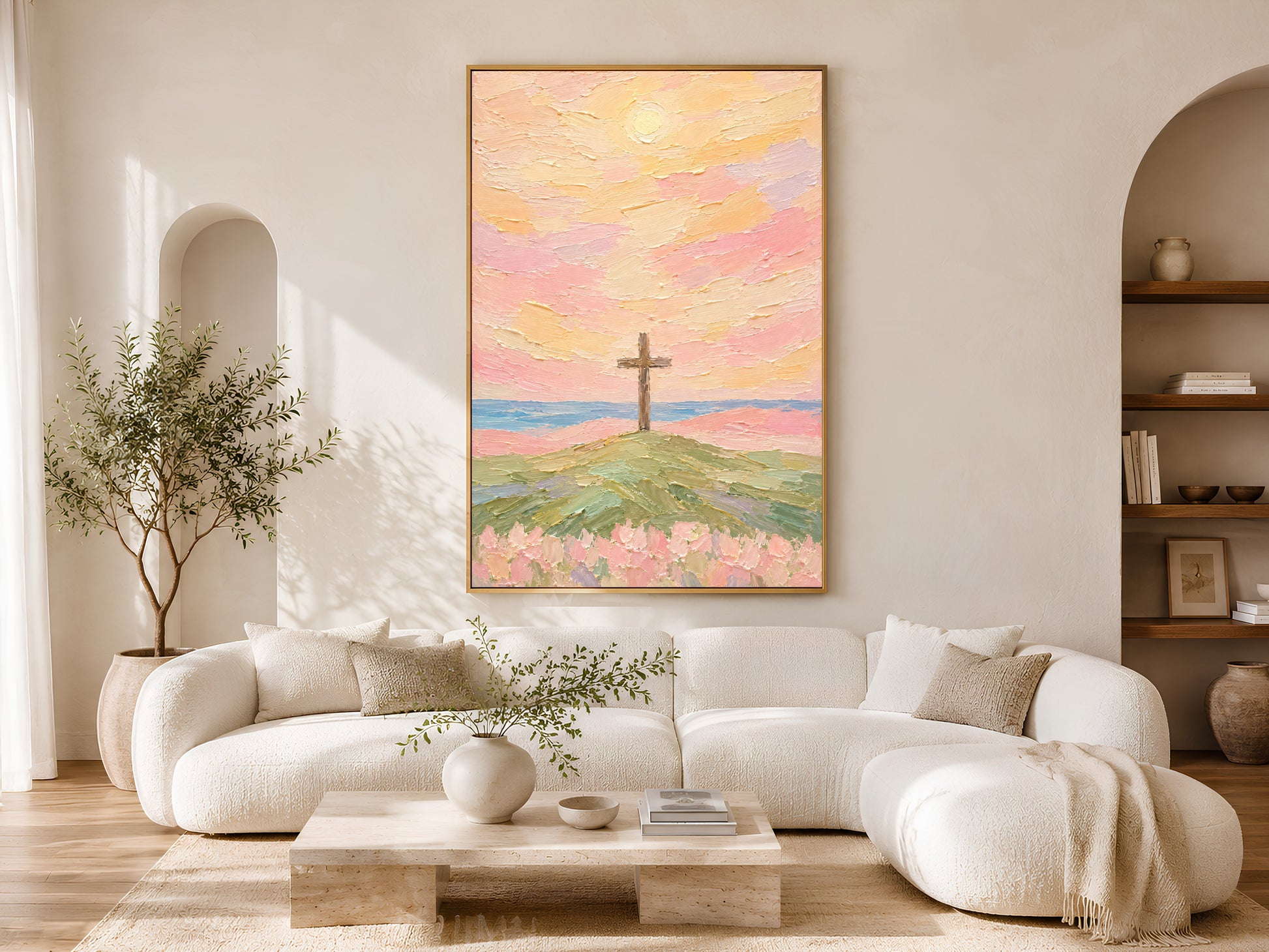Christian cross wall art print framed above a cream sofa in a sunlit living room.
