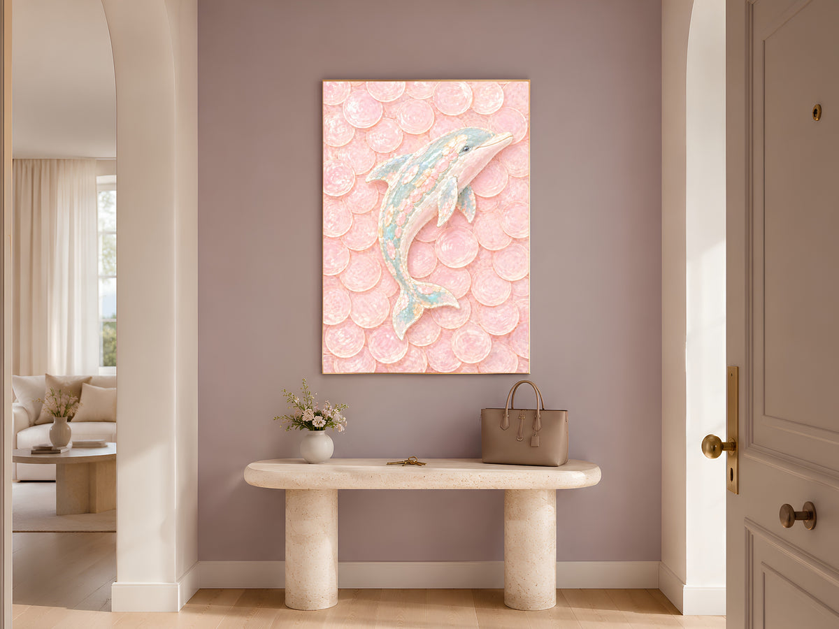 Pink Dolphin Mosaic Wall Art, Pastel Capiz Shell Print - Digital Download