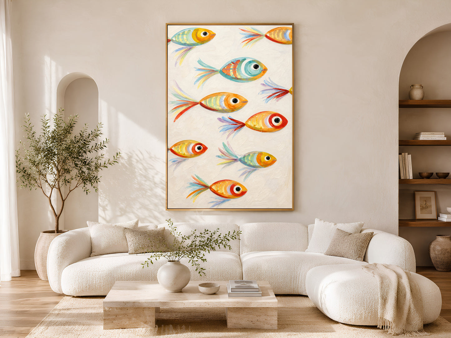 Framed impasto whimsical fish print on warm white wall in minimal living room with curved cream sofa and arch window
