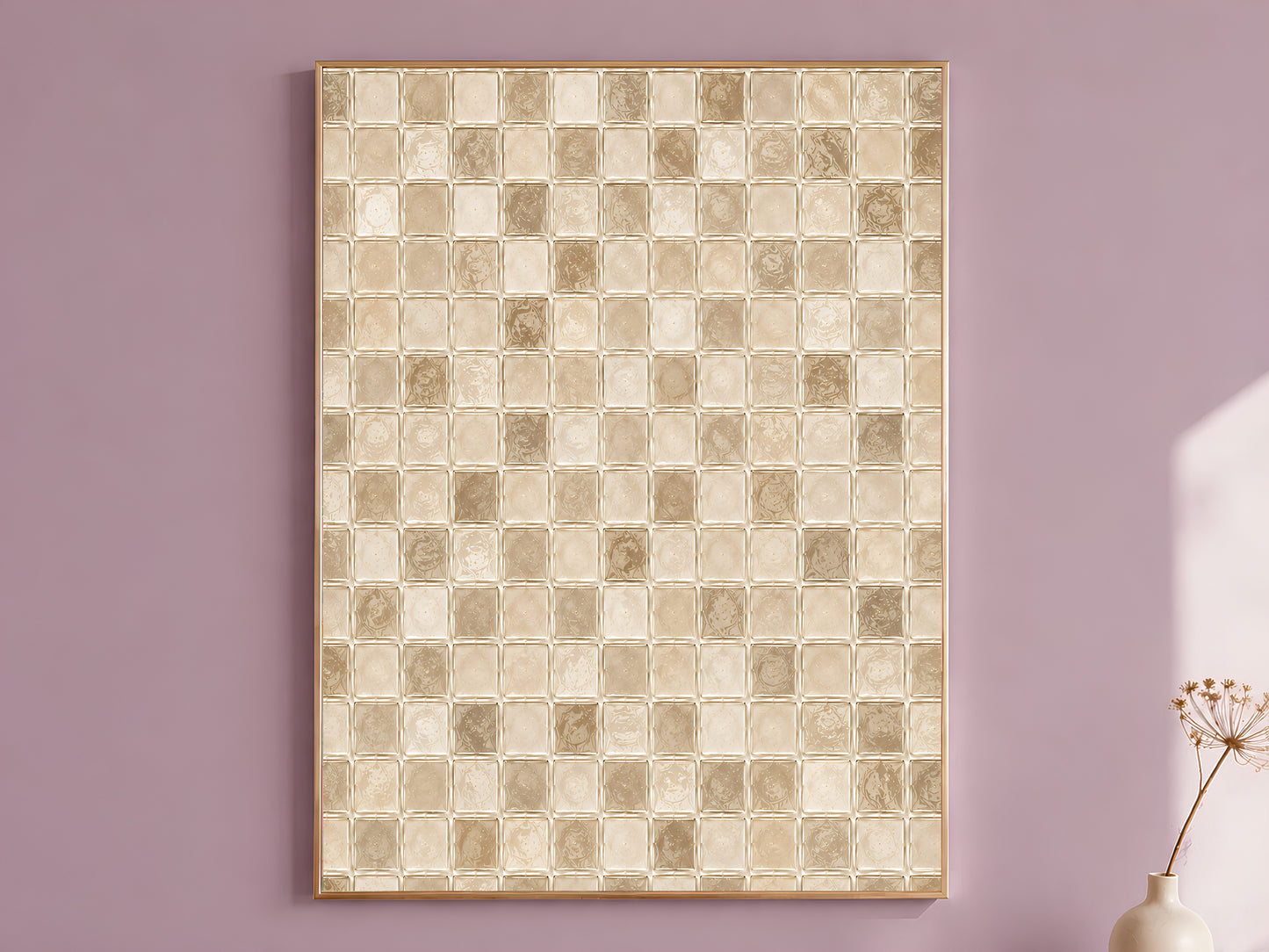 Cream mosaic wall art print in beige and warm taupe glass tile pattern hanging framed on a mauve wall

