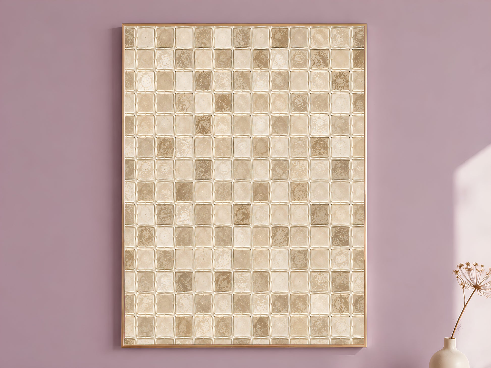 Cream mosaic wall art print in beige and warm taupe glass tile pattern hanging framed on a mauve wall
