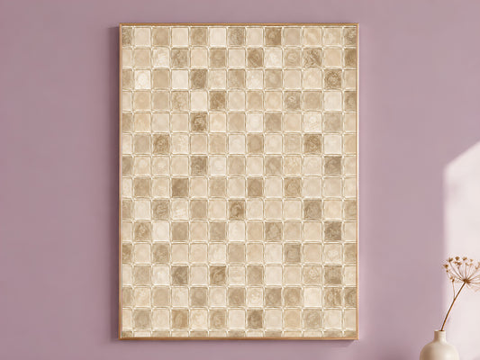 Cream mosaic wall art print in beige and warm taupe glass tile pattern hanging framed on a mauve wall
