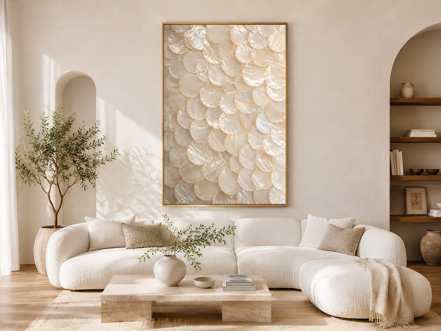 Pearl capiz shell wall art printable styled above a curved cream sofa in a warm Mediterranean-inspired luxury living room.