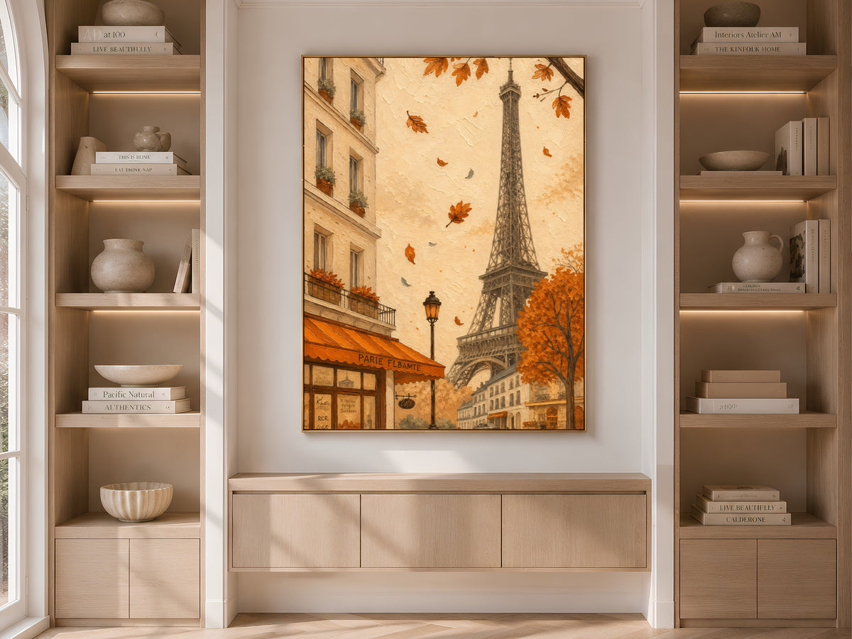 Paris cafe autumn print with Eiffel Tower displayed between styled bookshelves