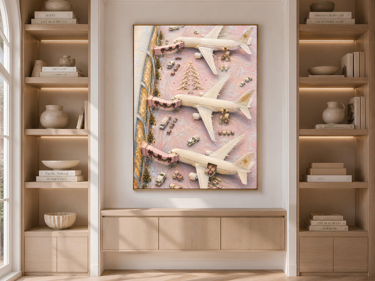Pastel holiday wall art framed on built-in bookshelf in neutral living room