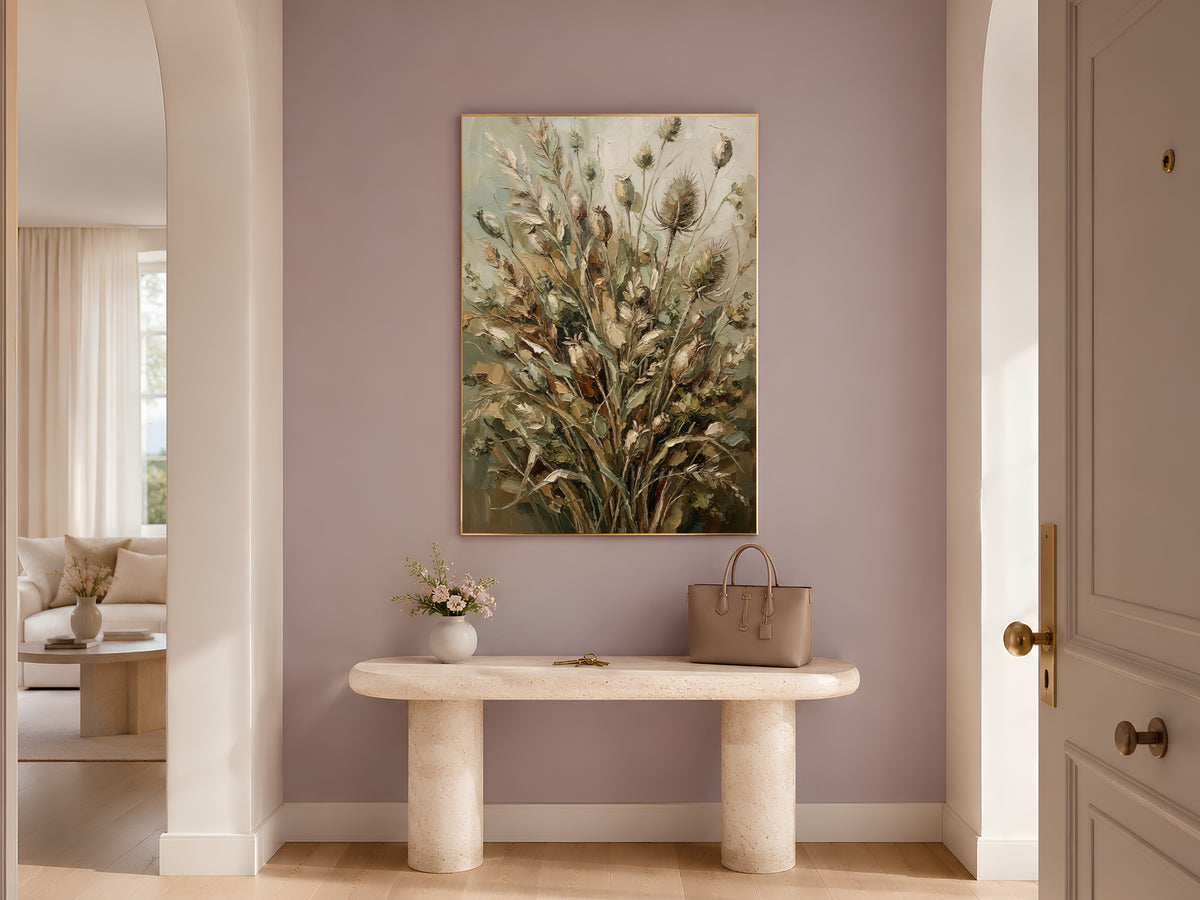 Dried Botanical Wall Art, Sage Green Impasto Oil Painting - Digital Download