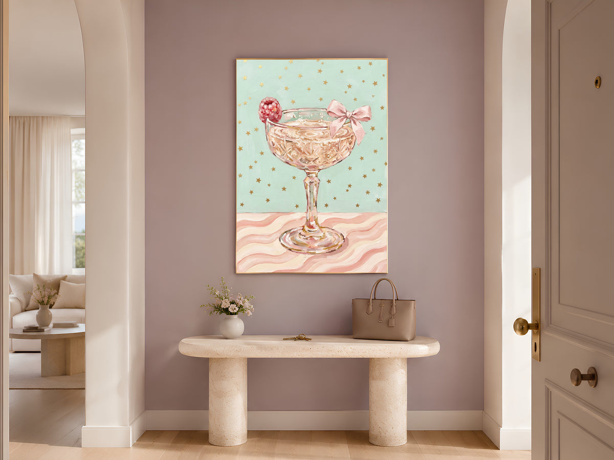Champagne Coupe Wall Art, Pink Bow Coquette Oil Painting Print - Digital Download