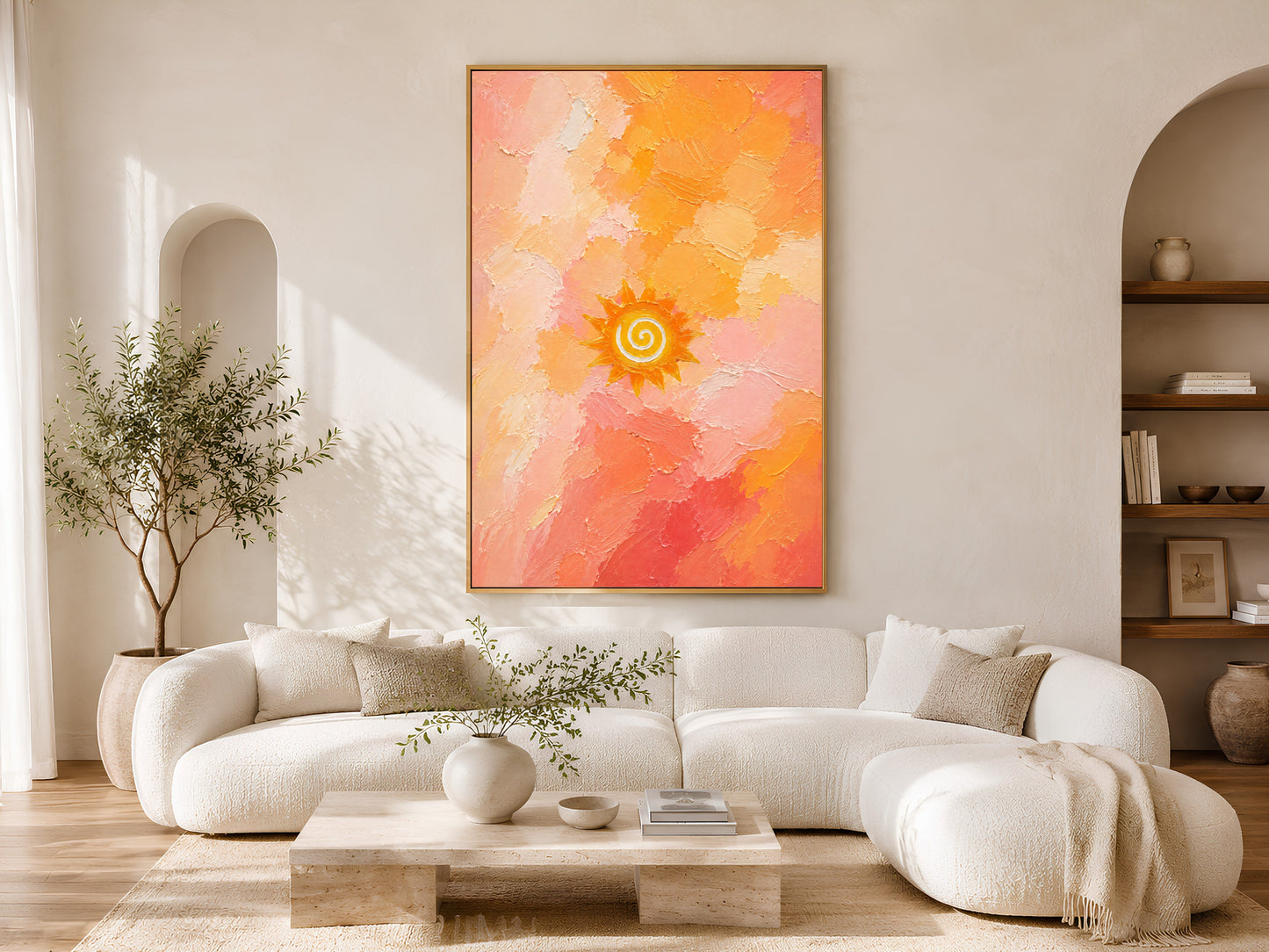 Boho sun spiral wall art print framed above a cream boucle sofa in a sunlit living room.
