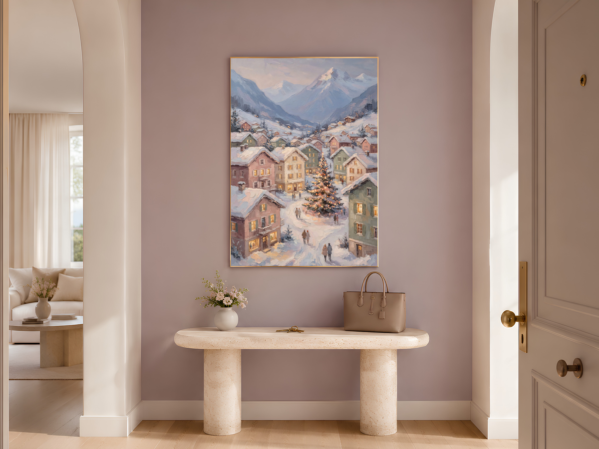 Alpine Christmas Village Wall Art, Snowy Mountain Town Print - Digital Download