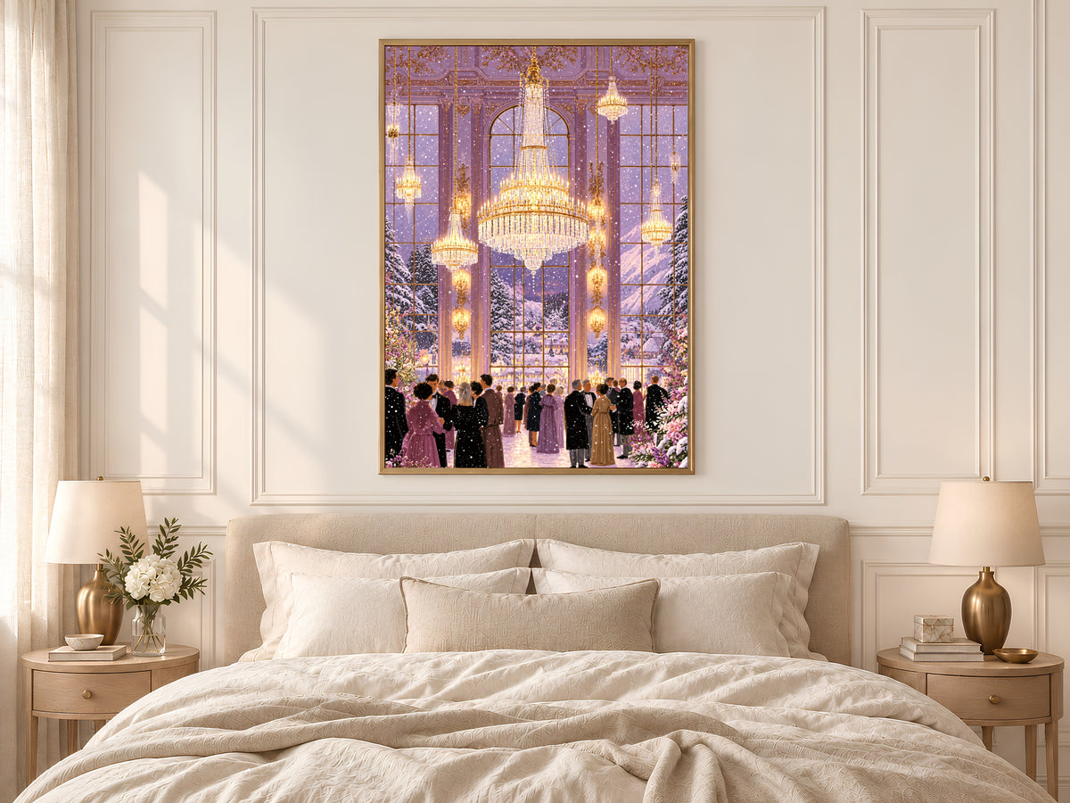 Winter Ballroom Wall Art, Lavender Chandelier Painting, Snowy Holiday Ball Print, Elegant Purple Decor, Printable Digital Download