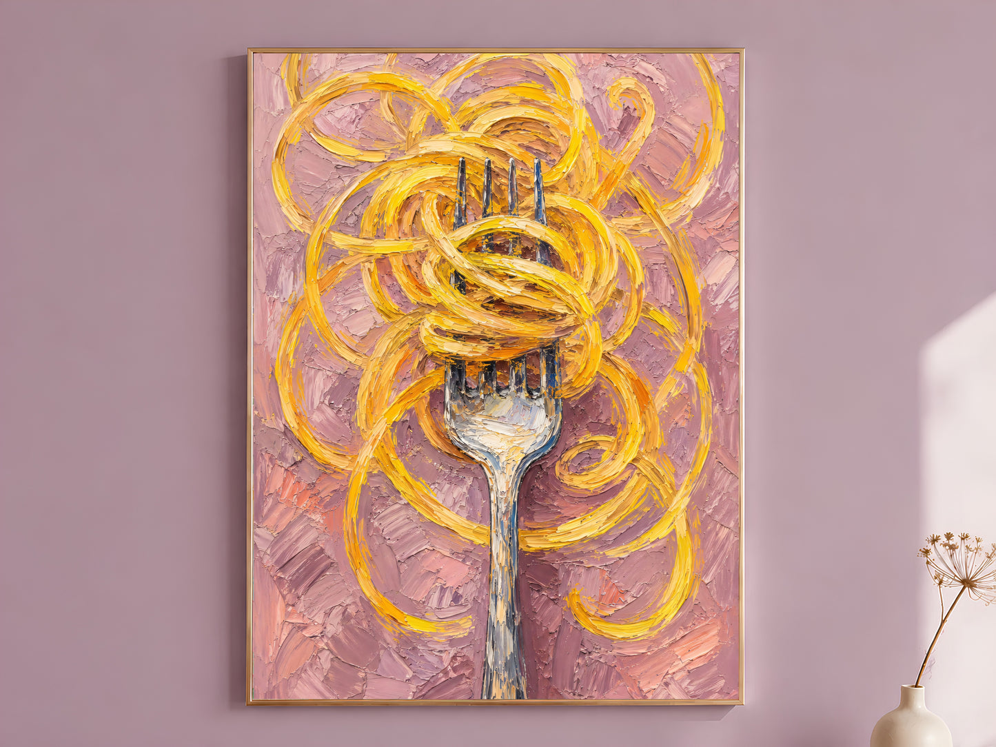 Impasto oil painting style pasta wall art print in a thin wood frame displayed against a dusty mauve wall, showing golden spaghetti swirling on a silver fork against a blush mauve background
