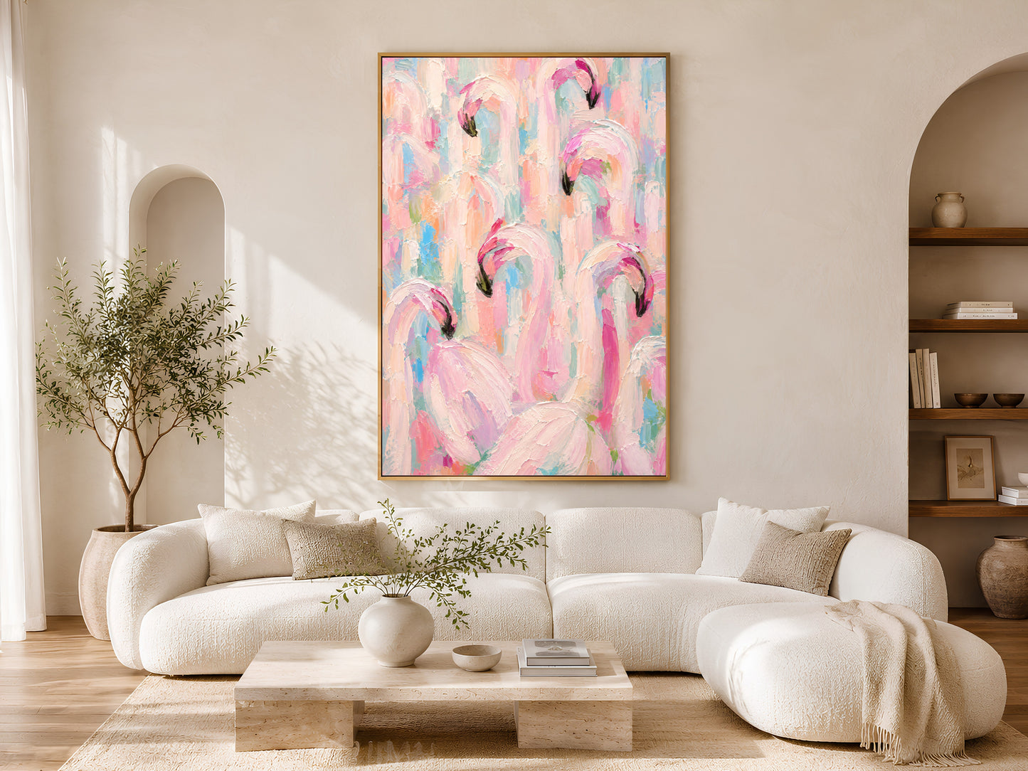 Framed impasto flamingo flock print on warm white wall in minimal living room with curved cream sofa and arch window
