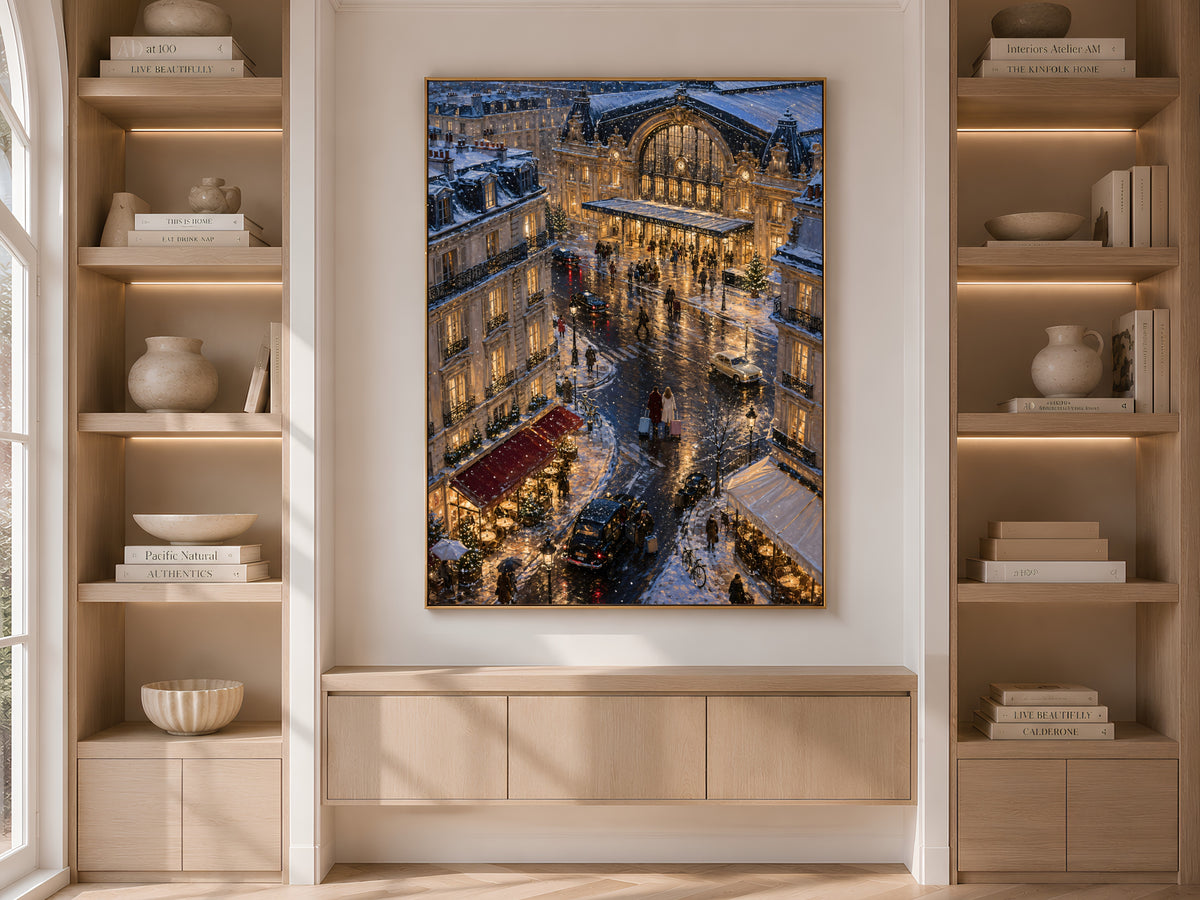 Paris winter painting framed on built-in bookshelf in neutral living room