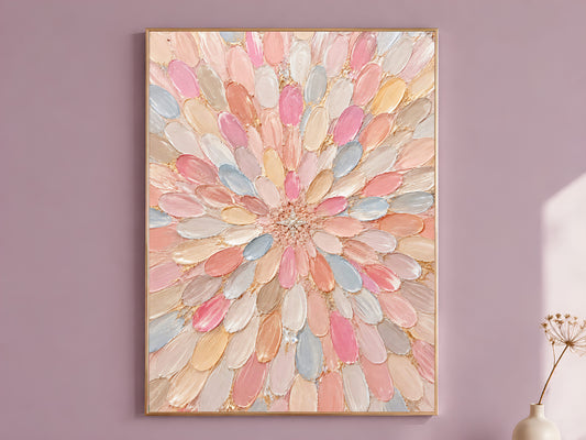 Pastel dahlia wall art in a gold frame on a dusty mauve wall, styled with a dried flower stem.
