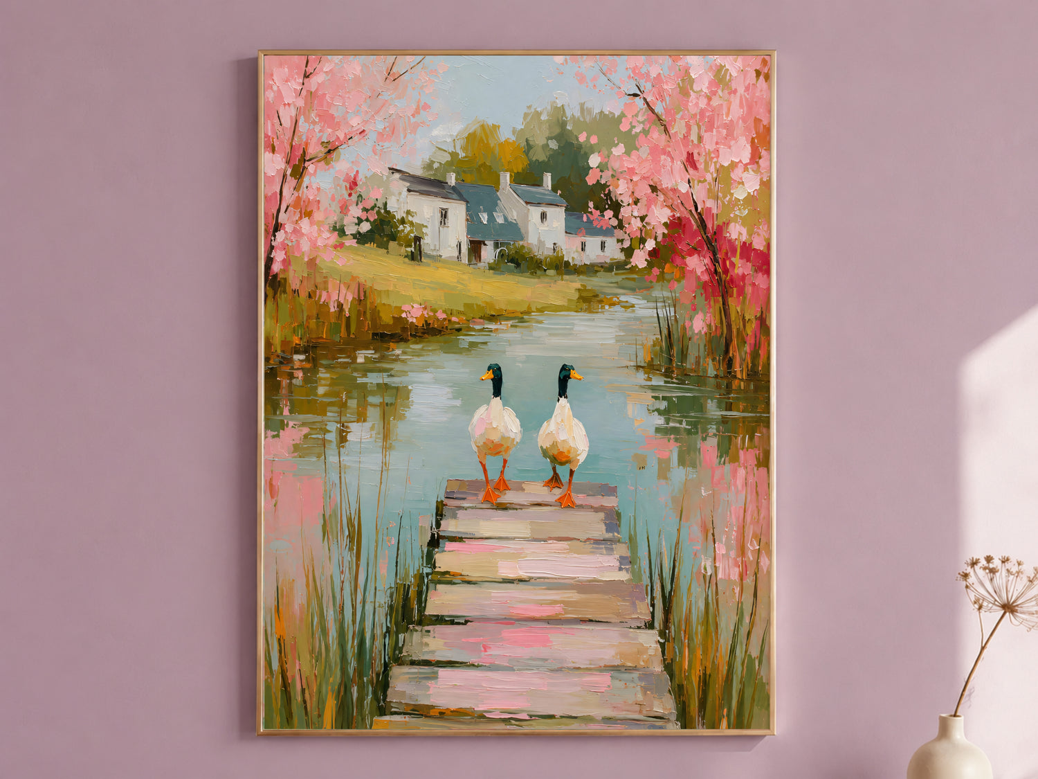Mallard duck wall art print in a gold frame, cherry blossom pond scene, dusty mauve living room