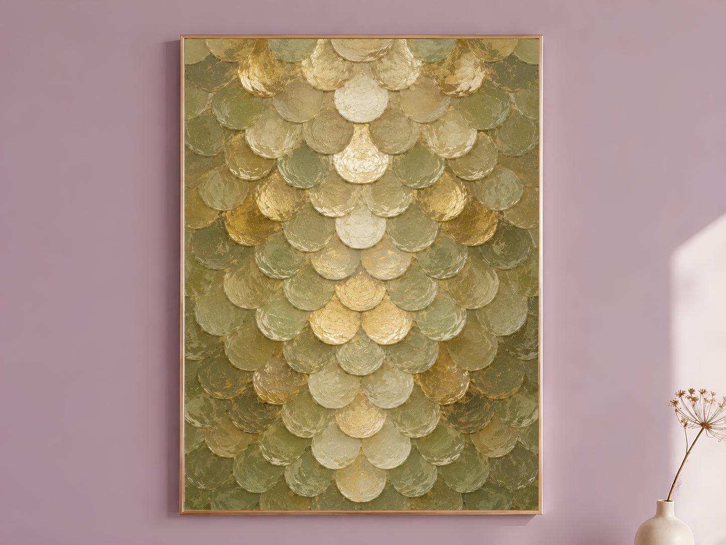Sage green capiz shell wall art in gold frame on mauve wall with dried flowers
