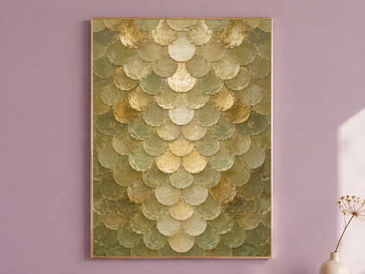 Sage green capiz shell wall art in gold frame on mauve wall with dried flowers
