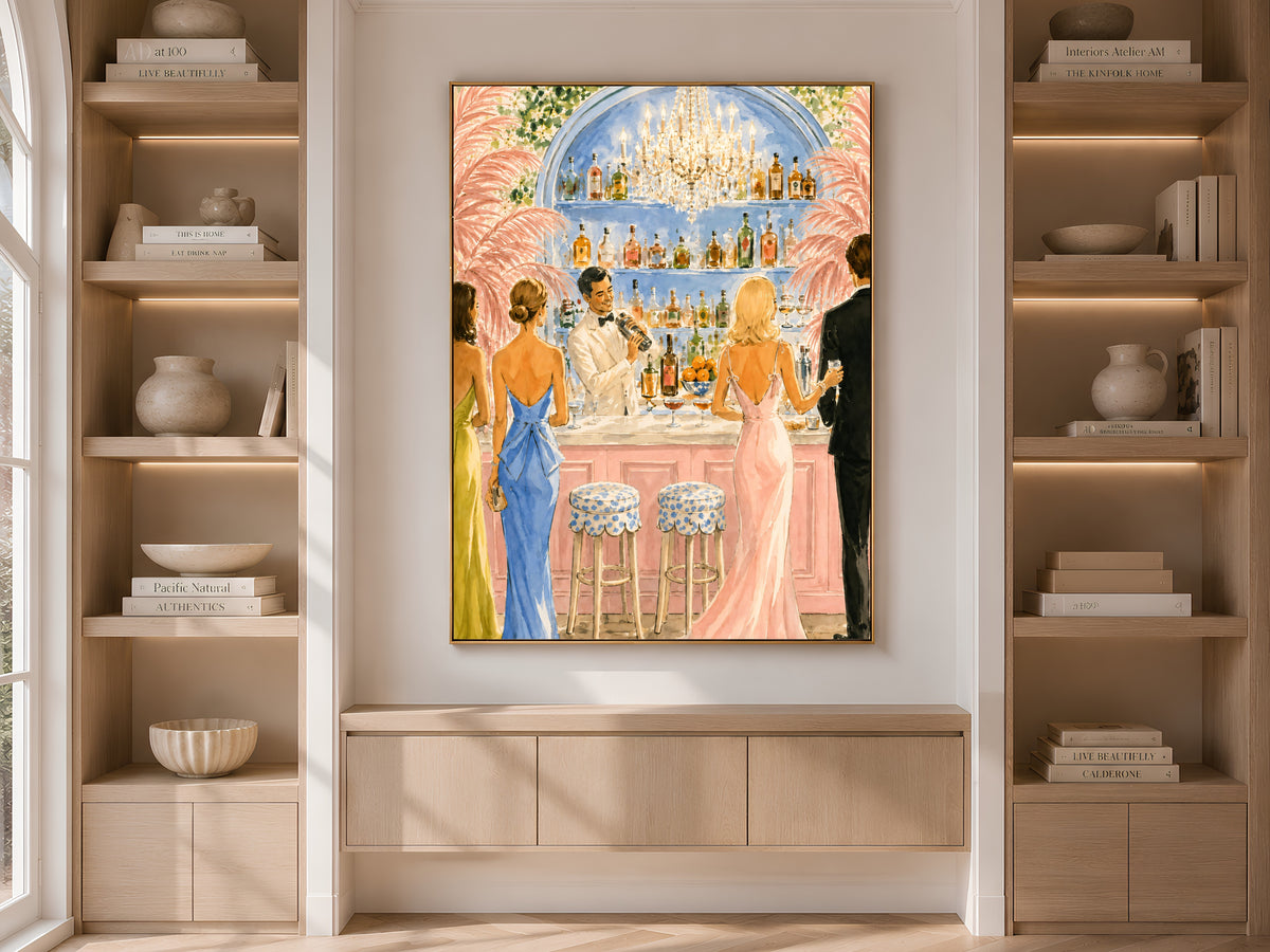 Riviera Cocktail Bar Wall Art, Preppy Pink Watercolor Print - Digital Download
