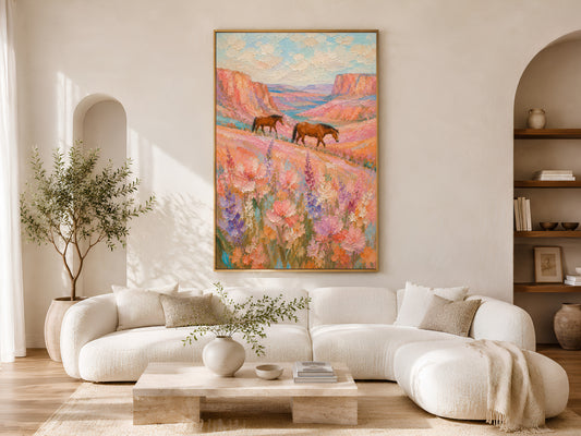 Two chestnut horses walking through a wildflower canyon impasto painting in a gold frame above a curved white sofa in a bright Scandinavian living room with warm wood coffee table and natural light
