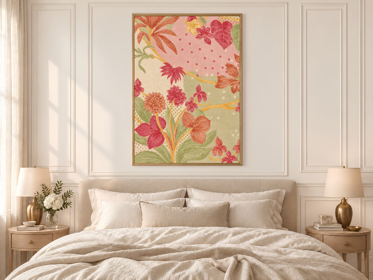 Pink and Green Block Print Style Floral Art, Vintage Linen Textile Flower Print, Grandmillennial Botanical Wall Art, Printable Download