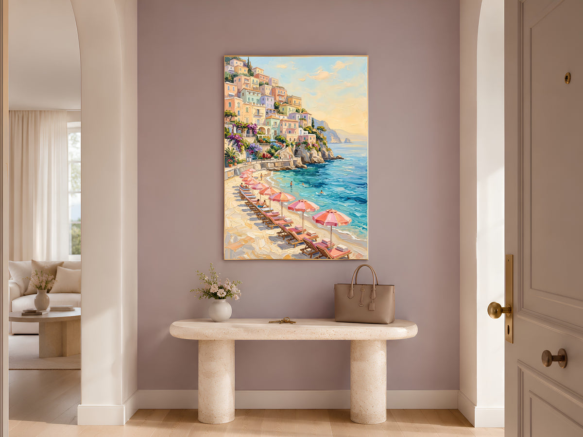 Positano Wall Art, Amalfi Coast Beach Club Oil Painting Print - Digital Download